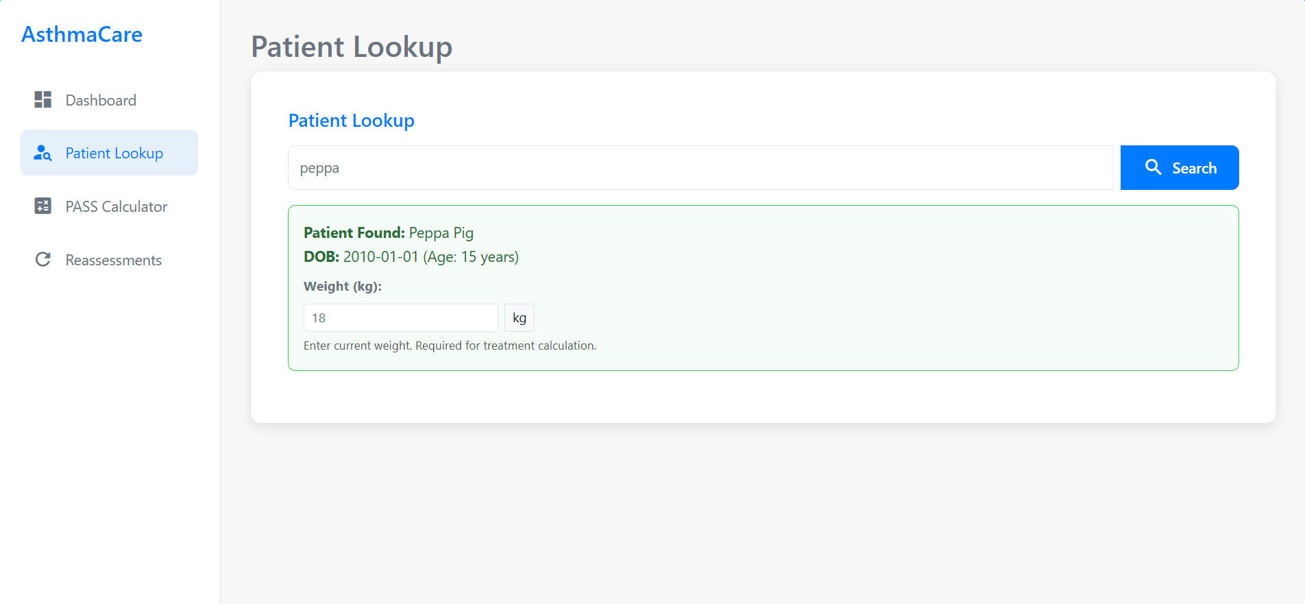 Patient Lookup with search result for Peppa Pig